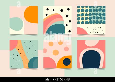 Définissez des arrière-plans de formes abstraites dans le style de doodle naïf. Modèles carrés de promotion de l'art contemporain pour les publications sur les médias sociaux. Bannière esthétique de style Boho Illustration de Vecteur