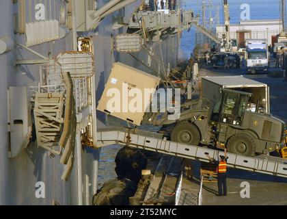 0706073211R-039 MANAMA, Bahreïn (7 juin 2007) - les marins à bord du navire d'assaut amphibie USS Bonhomme Richard (LHD 6) chargent des magasins et de l'équipement dans le stockage supérieur des véhicules du shipХs à travers le bâbord latéral tribord. Bonhomme Richard a pris en charge des fournitures et du matériel à Bahreïn au cas où les forces américaines seraient appelées à aider à l'aide humanitaire ou aux efforts de secours en cas de catastrophe dans les zones touchées par le cyclone tropical Gonu. US Navy Banque D'Images