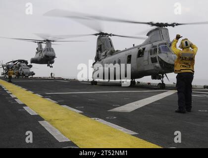 1010281485C-086 NORTH ARABIAN SEA (28 octobre 2010) les hélicoptères CH-46 Sea Knight affectés au Marine Medium Helicopter Squadron (HMM) 165 (renforcé) atterrissent à bord du navire d'assaut amphibie USS Peleliu (LHA 5). Quatre hélicoptères du HMM-165 ont passé dix semaines au Pakistan pour aider aux efforts de secours humanitaires après de graves inondations. Peleliu est la plate-forme de commandement du Peleliu Amphibious Ready Group soutenant les opérations de sécurité maritime et les efforts de coopération en matière de sécurité du théâtre dans la zone de responsabilité de la 5e flotte américaine. Marine Banque D'Images