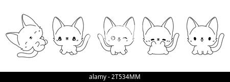 Ensemble de page de coloriage de chat Bengale isolé Kawaii. Collection de dessin animé vectoriel mignon Baby Kitten Outline pour autocollants, douche de bébé, livre de coloriage Illustration de Vecteur
