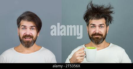 Mans tient une tasse de café, du thé. Thé du matin. Bonjour. Homme avec tasse de thé. Hipster homme avec tasse de café. Homme barbu souriant après bonjour Banque D'Images