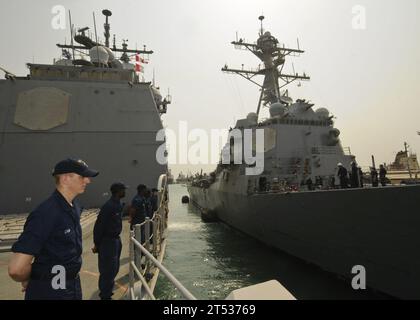 110701YM590-017 PORT DE DJIBOUTI, Djibouti (1 juillet 2011) des marins manipulent les rails alors que le croiseur de missiles guidés USS Anzio (CG 68) quitte Djibouti. Anzio est affecté à la Force opérationnelle combinée 151, une force opérationnelle multinationale établie par les Forces maritimes combinées en janvier 2009 pour mener des opérations de lutte contre la piraterie dans la mer Rouge, le golfe d'Aden, le bassin somalien et la mer d'Arabie. Banque D'Images