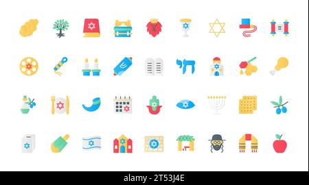 Icônes plates de Judaïsme définir illustration vectorielle. Symboles religieux israéliens avec Hanukkah et synagogue juive, Star of David et Torah Scroll, Rabbi et challah pain, hamsa et dreidel. Illustration de Vecteur