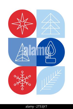 Affiche de Noël à motif bauhaus tendance. Formes géométriques d'hiver vectorielles dans les couleurs bleues et rouges. Éléments de design modernes abstraits simples. Mode rétro Illustration de Vecteur