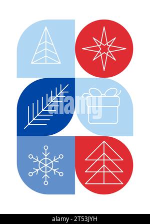 Affiche de Noël à motif bauhaus tendance. Formes géométriques d'hiver vectorielles dans les couleurs bleues et rouges. Éléments de design modernes abstraits simples. Mode rétro Illustration de Vecteur