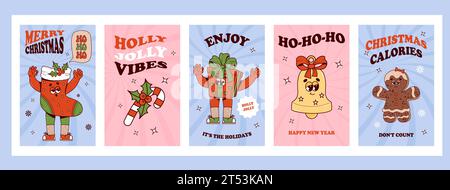 Posters cool groovy de Noël. Personnages de dessins animés rétro homme en pain d'épice, chaussettes de Noël avec des cadeaux, cloche de jouet et bâton de bonbons rayé. Vibes 70s. Tendance Nouveau Illustration de Vecteur