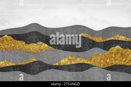 papier peint mural classique 3d. montagnes marbrées dorées, grises et noires. décoration murale du salon Banque D'Images