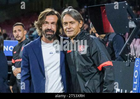 Salerne, Italie. 31 octobre 2023. Andrea Pirlo, entraîneur italien de Sampdoria, et Filippo Inzaghi, entraîneur italien de Salernitana, lors du match de coupe d'italie entre Unione Sportiva Salernitana et Unione Calcio Sampdoria au stade Arechi de Salerne le 31 octobre 2023. Crédit : Agence photo indépendante/Alamy Live News Banque D'Images