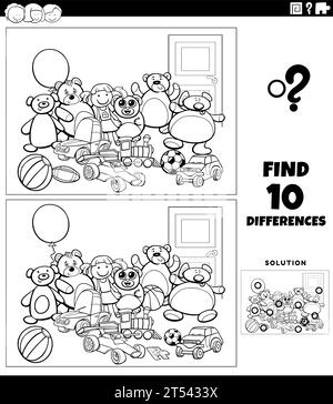 Illustration de dessin animé noir et blanc de trouver les différences entre les images de l'activité éducative avec des jouets personnages coloriage page Illustration de Vecteur