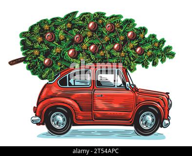 Voiture rétro avec sapin décoré avec des décorations de Noël. Illustration vectorielle joyeuses fêtes Illustration de Vecteur