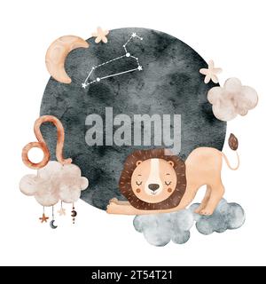 Composition pour enfants aquarelle avec le signe du zodiaque Leo, nuage, étoiles, lune et constellation. Pour impression, emballage, cartes postales, brochures, bébé Banque D'Images