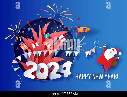 Conception de la publicité de carte de nouvel an. Père Noël et feux d'artifice sur de grandes lettres 2024 Illustration de Vecteur