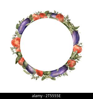 Couronne d'aquarelle de légumes : tomate, aubergine, tomate, pois, persil et épinards. Dessiné à la main, composition sur un fond blanc, approprié Banque D'Images