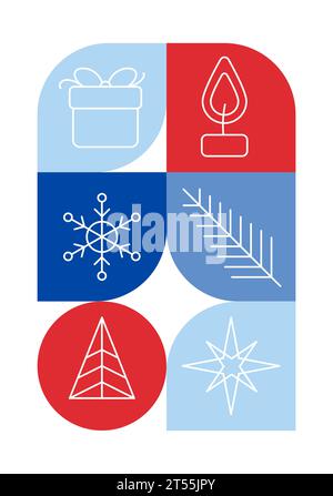 Affiche de Noël à motif bauhaus tendance. Formes géométriques d'hiver vectorielles dans les couleurs bleues et rouges. Éléments de design modernes abstraits simples. Mode rétro Illustration de Vecteur