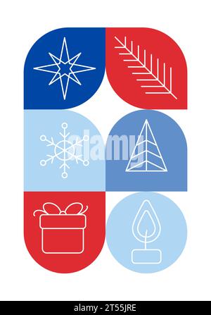 Affiche de Noël à motif bauhaus tendance. Formes géométriques d'hiver vectorielles dans les couleurs bleues et rouges. Éléments de design modernes abstraits simples. Mode rétro Illustration de Vecteur