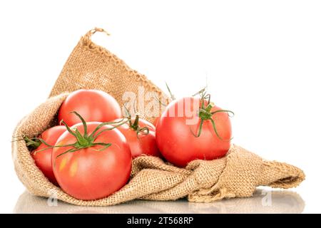 Plusieurs tomates juteuses roses dans un sac de jute, macro, isolées sur fond blanc. Banque D'Images