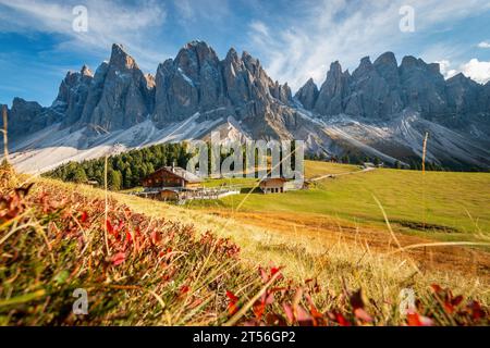 Vue panoramique de Geisler Alm Rifugio delle Odle en face de Geisler cinéma montagnes dolomites, Tyrol du Sud, Italie contre le ciel bleu Banque D'Images