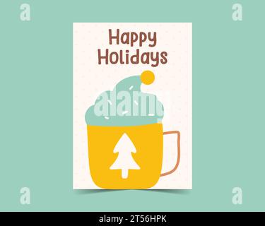 Cartes de joyeux Noël dans un style plat mignon avec tasse de cofee. Design minimaliste de Noël. Modèles d'affiches pour les fêtes de Noël. Stock brochure tendance Backgrou Banque D'Images