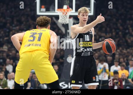 Belgrade, Serbie, 2 novembre 2023. Ognjen Jaramaz du Partizan Mozzart Bet Belgrade réagit lors du match 2023/2024 de Turkish Airlines Euroleague, Round 6 entre Crvena Zvezda Meridianbet Belgrade et le FC Bayern Munich au Stark Arena de Belgrade, Serbie. 2 novembre 2023. Crédit : Nikola Krstic/Alamy Banque D'Images