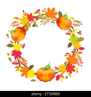 Couronne de Thanksgiving, fond de citrouille. Modèle de conception de cadre d'automne avec des feuilles d'automne colorées et des citrouilles. Illustration vectorielle Illustration de Vecteur