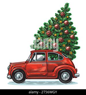 Voiture rouge rétro et sapin décoré avec des décorations de Noël. Illustration vectorielle joyeuses fêtes Illustration de Vecteur