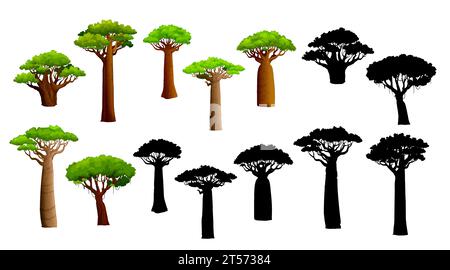 Baobabs africains et silhouettes. Ensemble vectoriel isolé de plantes majestueuses et anciennes, debout avec leurs troncs gonflés emblématiques et leurs branches étendues, symbolisant la résilience dans les paysages arides Illustration de Vecteur
