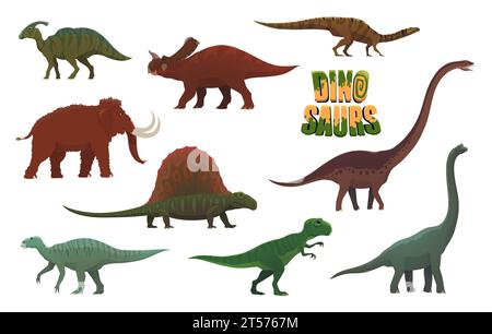 Dinosaures de dessin animé, personnages d'animaux préhistoriques. Paléontologie dinosaure vecteur personnage mignon. Parasaurolophus, Brachiosaurus, Iguanodon et Centrosaurus, Dimetrodon, Plateosaurus mascottes drôles Illustration de Vecteur