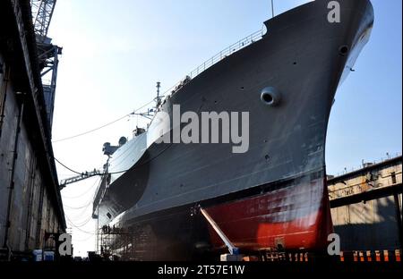 Les travailleurs de la marine AMÉRICAINE du chantier naval Viktor Lenac appliquent de la peinture rouge sur la coque du navire de commandement amphibie USS Mount Whitney (LCC.jpg Banque D'Images