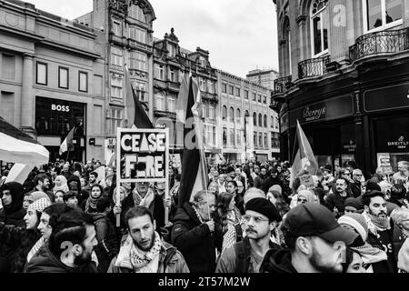 Les manifestants brandissent des drapeaux palestiniens et leur maison a fait des panneaux dans le centre-ville lors de la marche du cessez-le-feu à Gaza. Newcastle upon Tyne, Angleterre, Royaume-Uni - octobre 28 2023. Banque D'Images