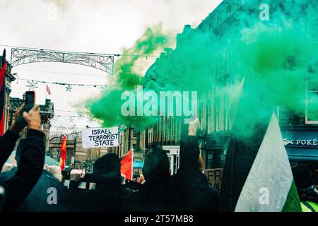 Les manifestants agitent des bombes fumigènes vertes dans les airs et un panneau indique « État terroriste israélien ». Newcastle upon Tyne, Royaume-Uni - octobre 28 2023. Banque D'Images