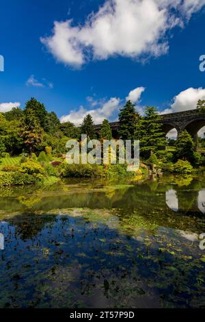 La vue sur le lac vers le viaduc ferroviaire désaffecté à Kilver court Gardens, Shepton Mallet, Somerset, Angleterre, Royaume-Uni Banque D'Images