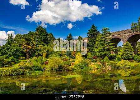 La vue sur le lac vers le viaduc ferroviaire désaffecté à Kilver court Gardens, Shepton Mallet, Somerset, Angleterre, Royaume-Uni Banque D'Images