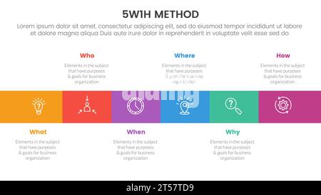 5W1H méthode de résolution de problèmes infographie modèle d'étape 6 points avec la direction horizontale de boîte carrée pour le vecteur de présentation de diapositive Banque D'Images