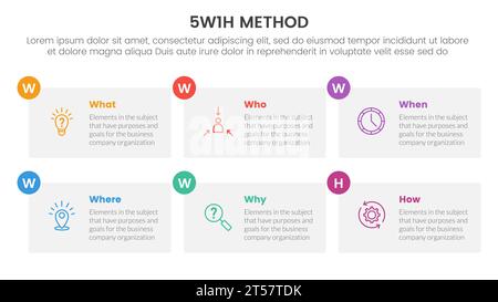 5W1H méthode de résolution de problèmes infographie modèle d'étape 6 points avec grande structure de boîte de table pour vecteur de présentation de diapositive Banque D'Images