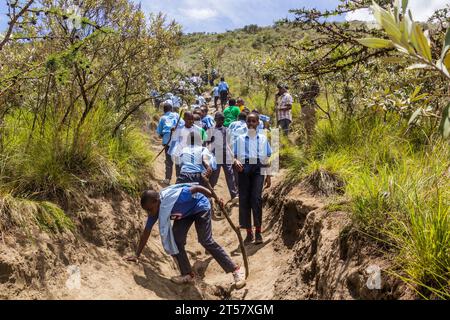 LONGONOT, KENYA - FÉVRIER 15 2020 : randonnée des enfants dans le parc national de Longonot, Kenya Banque D'Images