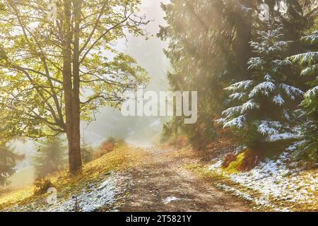 Alors que la première neige couvre la terre, un lever de soleil envoûtant peint le ciel en automne. Un sentier de montagne sinueux serpente à travers une épingle enneigée imposante Banque D'Images