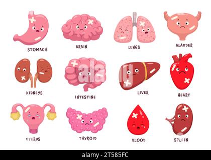 Personnages d'orgue de corps malade de dessin animé. Personnages d'organes blessés et malsains du cerveau vecteur, du cœur, du sang et du foie, des reins, de l'estomac, rate et vessie, intestin, utérus, poumons et glande thyroïde Illustration de Vecteur