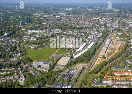 Vue aérienne, DSW 21 Dortmunder Stadtwerke, siège social de Deggingstraße avec prairie, chantier de construction de logements neufs à Kronprinzenviertel, Am Wasse Banque D'Images