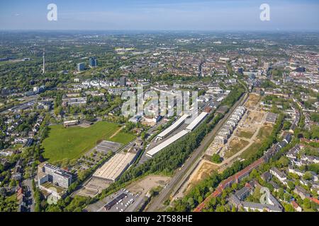 Vue aérienne, DSW 21 Dortmunder Stadtwerke, siège social de Deggingstraße avec prairie, chantier de construction de logements neufs à Kronprinzenviertel, Am Wasse Banque D'Images