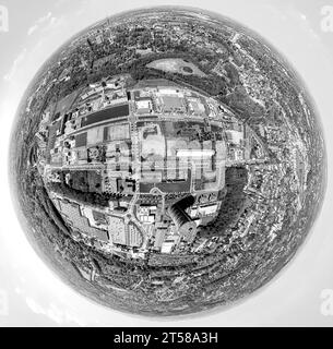 Vue aérienne, zone industrielle Phoenix West, parc technologique, image en noir et blanc, globe terrestre, image fisheye, image à 360 degrés, Hörde, Dortmund, Ruhr Banque D'Images