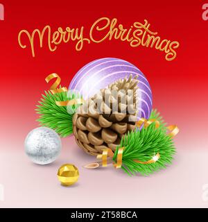 Carte de Noël sur fond rouge avec une composition d'une branche d'un arbre de Noël, des pommes de pin et des jouets et un ruban d'or. Joyeux noël et ha Illustration de Vecteur