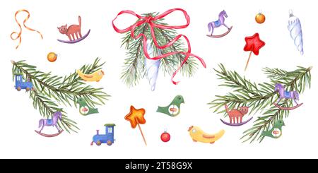 Branche d'arbre de Noël décorée avec des jouets d'arbre de Noël. Jouet bleu glace de Noël, avion, train, oiseau, cheval. Décorations en bois Kid sur la branche Spruce Banque D'Images