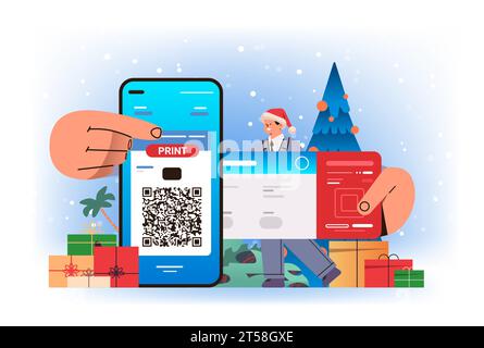 homme dans le chapeau du père noël impression e-billets via l'application mobile réservation en ligne recherche pour le concept de service de vol horizontal Illustration de Vecteur