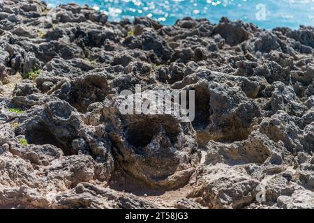 Rocher en forme de crâne sur la côte de Turtle Bay à Oahu, Hawaii Banque D'Images