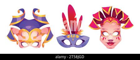 Masques de carnaval pour un spectacle de mascarade ou un festival. Pièces de costume de vecteur de dessin animé pour le camouflage du visage avec des plumes et des ornements. Élément de déguisement de théâtre traditionnel ou de fête de Mardi gras. Illustration de Vecteur