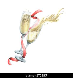 Verres avec champagne, éclaboussures et bulles avec ruban festif rouge. Illustration à l'aquarelle, dessinée à la main. Composition isolée sur fond blanc Banque D'Images