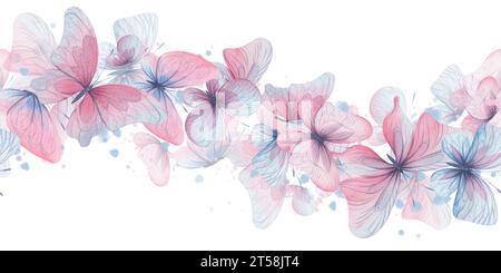 Les papillons sont roses, bleus, lilas, volants, délicats avec des ailes et des éclaboussures de peinture. Illustration à l'aquarelle dessinée à la main. Bordure transparente sur un blanc Banque D'Images