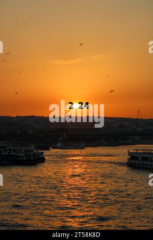 Transition de 2023 au nouveau concept de l'an 2024 avec texte sur le ciel levant du soleil. Concept créatif. Banque D'Images