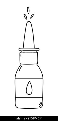 Bouteille avec des gouttes médicales, médicament de pulvérisation nasale, gouttes pour les yeux ou les oreilles, traitement du rhume et de la grippe, illustration vectorielle plate de style doodle pour livre de coloriage pour enfants Illustration de Vecteur