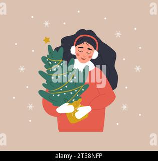 Femme tenant l'arbre de Noël dans le pot. Fille souriante se préparant pour les vacances d'hiver. Les gens achètent du sapin de Noël sur la foire. Carte postale du nouvel an. Vecteur Illustration de Vecteur